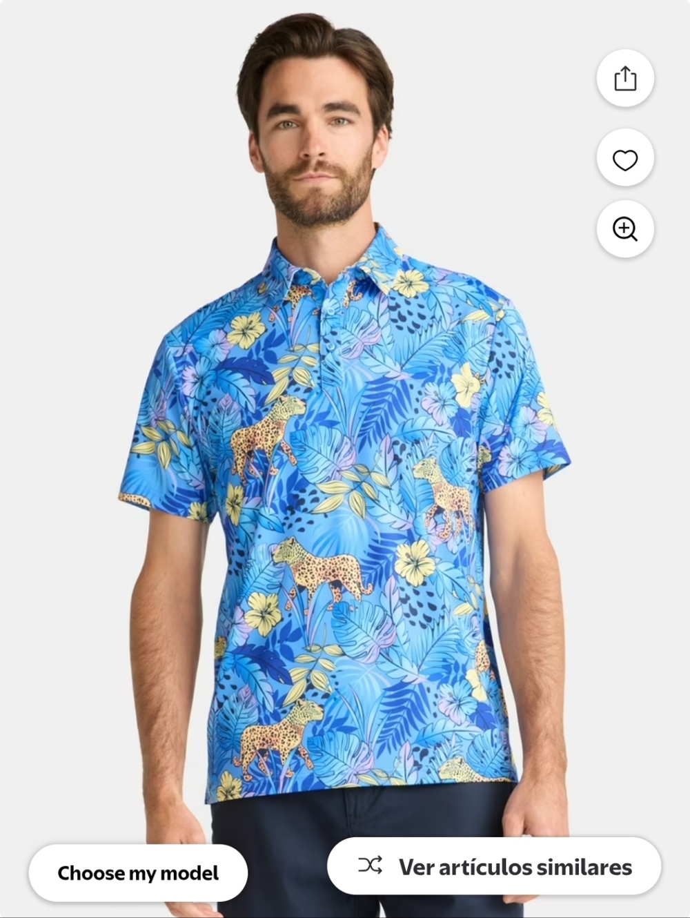 Birdie Bound Men's Blue Tropical Polo with Leopard and Floral Print Sz 2XL